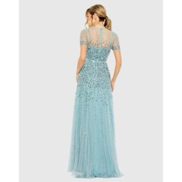 MAC DUGGAL Size 2 Slate Blue HIGH NECK SHORT SLEEVE SEQUIN EMBELLISHED DRESS - Picture 3 of 10